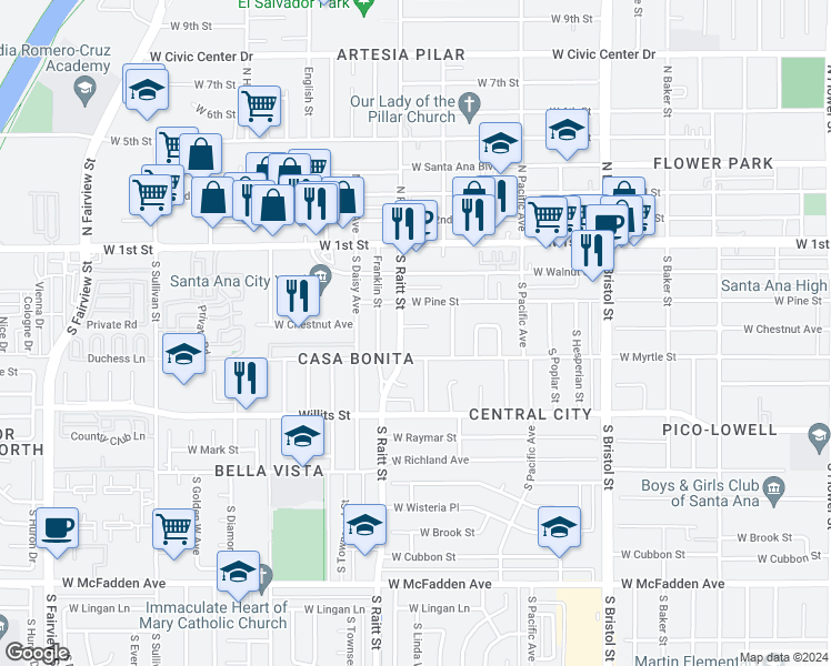 map of restaurants, bars, coffee shops, grocery stores, and more near 1724 West Chestnut Avenue in Santa Ana