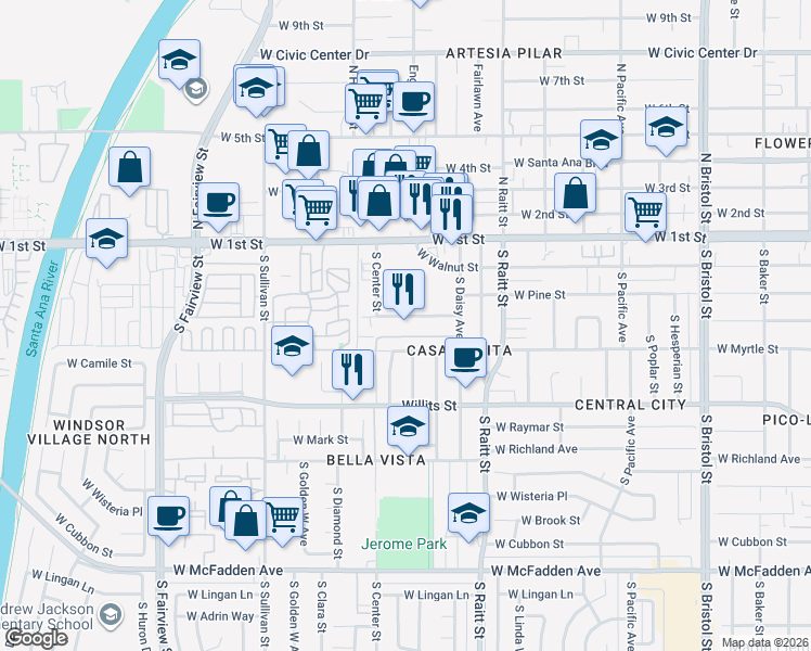 map of restaurants, bars, coffee shops, grocery stores, and more near 2102 West Chestnut Avenue in Santa Ana