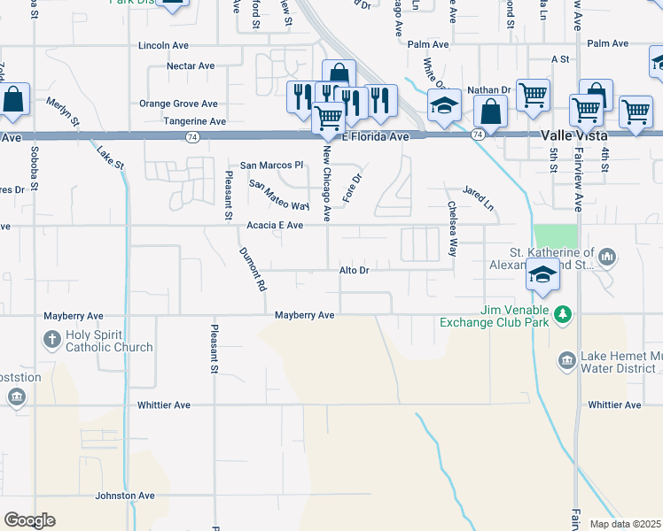 map of restaurants, bars, coffee shops, grocery stores, and more near 26124 New Chicago Avenue in Hemet