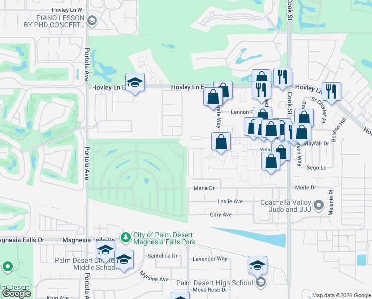 map of restaurants, bars, coffee shops, grocery stores, and more near 74498 Azurite Circle East in Palm Desert