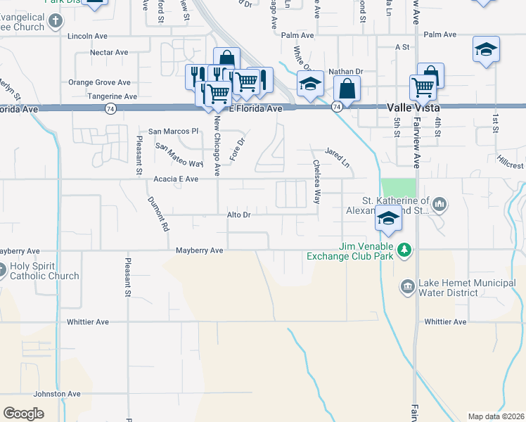 map of restaurants, bars, coffee shops, grocery stores, and more near 26123 Elderwood Place in Hemet