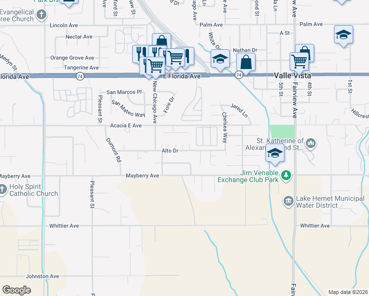 map of restaurants, bars, coffee shops, grocery stores, and more near 26124 Doverwood Place in Hemet