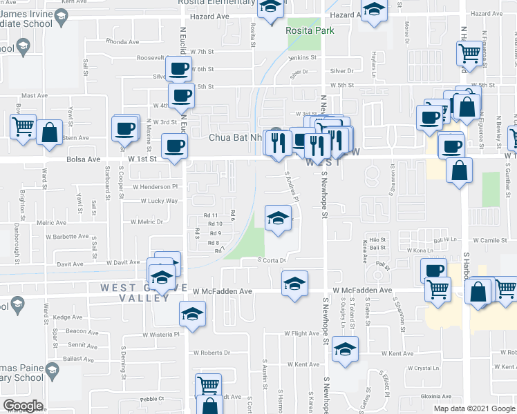map of restaurants, bars, coffee shops, grocery stores, and more near 4736 West Lucky Way in Santa Ana
