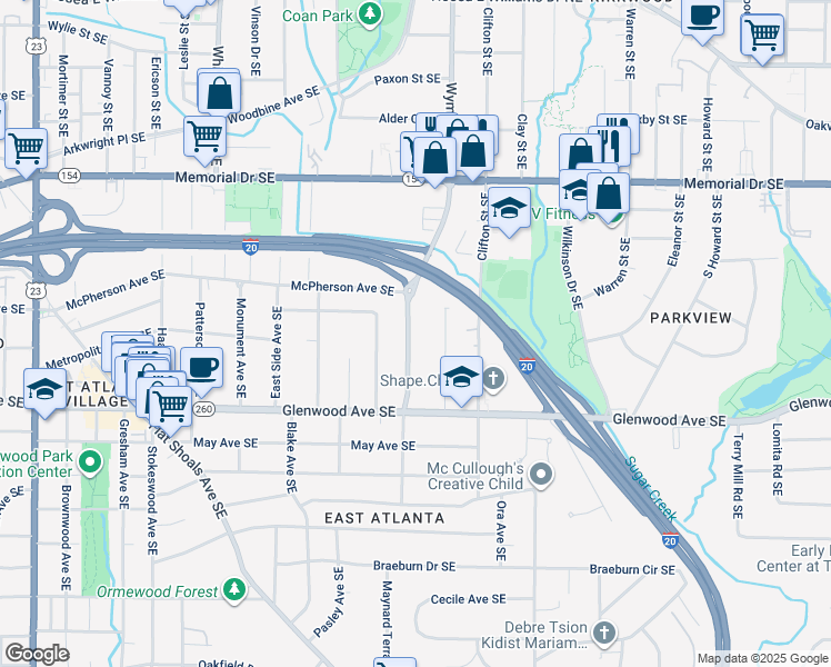 map of restaurants, bars, coffee shops, grocery stores, and more near 404 Maynard Terrace Southeast in Atlanta