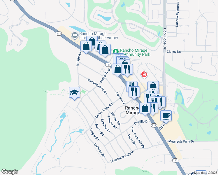 map of restaurants, bars, coffee shops, grocery stores, and more near 71545 Sahara Road in Rancho Mirage