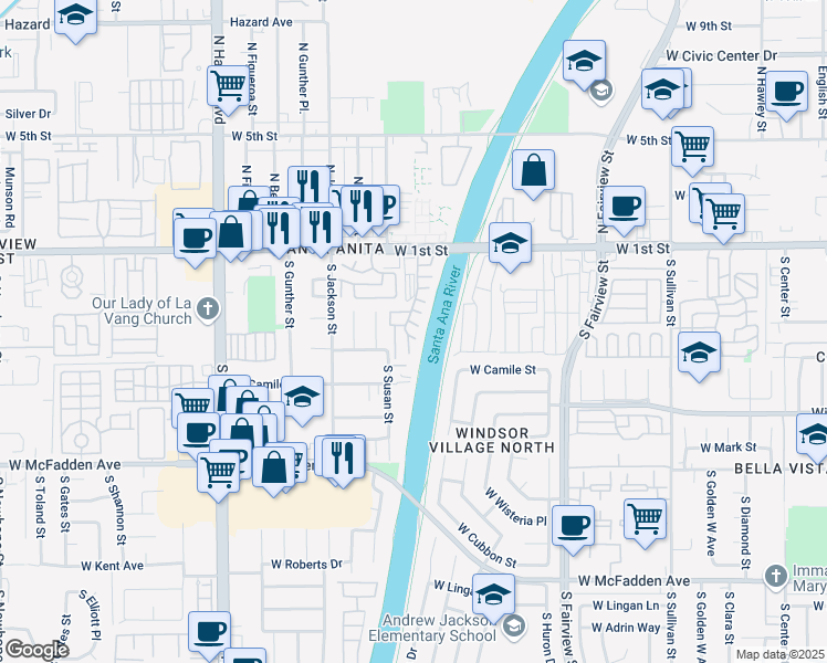 map of restaurants, bars, coffee shops, grocery stores, and more near 3126 West 1st Street in Santa Ana