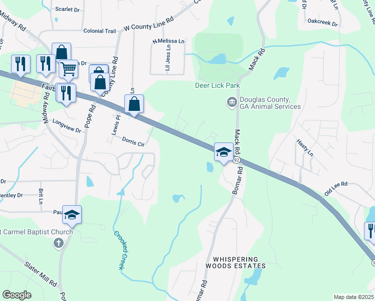 map of restaurants, bars, coffee shops, grocery stores, and more near 3417 Georgia 5 in Douglasville
