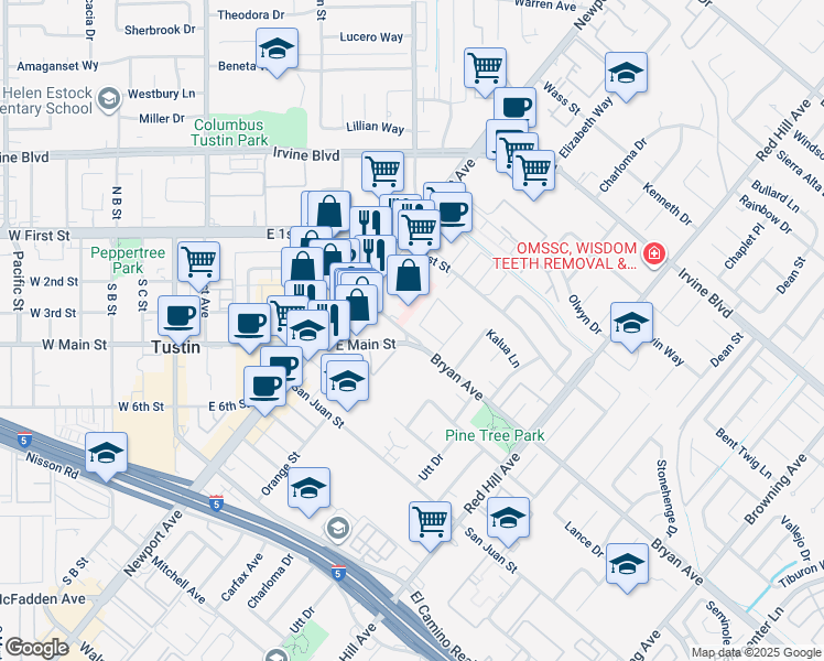 map of restaurants, bars, coffee shops, grocery stores, and more near 1132 Letty Lane in Tustin