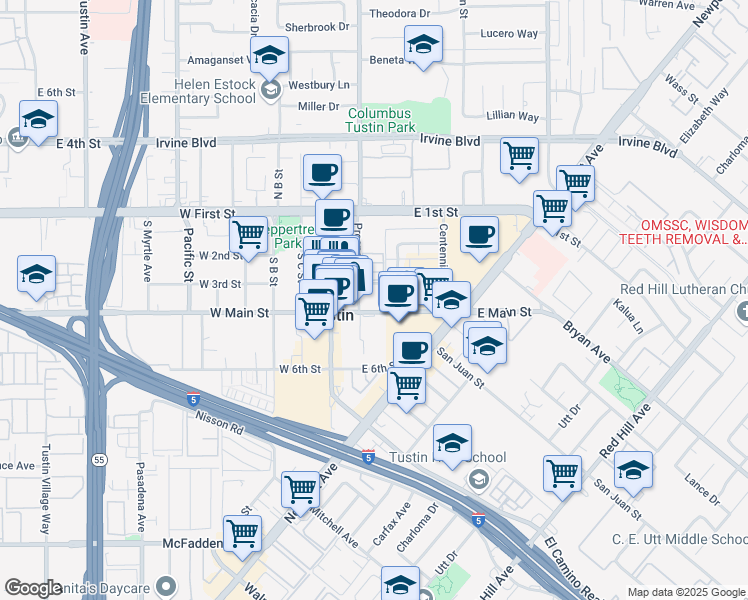 map of restaurants, bars, coffee shops, grocery stores, and more near 245 East Main Street in Tustin