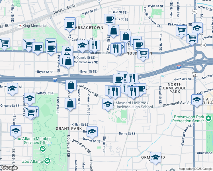 map of restaurants, bars, coffee shops, grocery stores, and more near 770 Glenwood Avenue Southeast in Atlanta