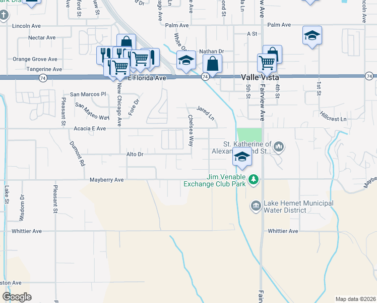 map of restaurants, bars, coffee shops, grocery stores, and more near 26135 Chelsea Way in Hemet