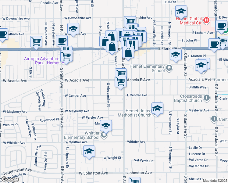 map of restaurants, bars, coffee shops, grocery stores, and more near 355 South Inez Street in Hemet