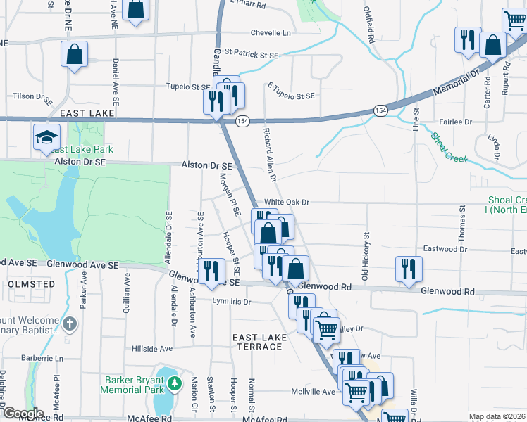 map of restaurants, bars, coffee shops, grocery stores, and more near 364 Candler Road Southeast in Atlanta
