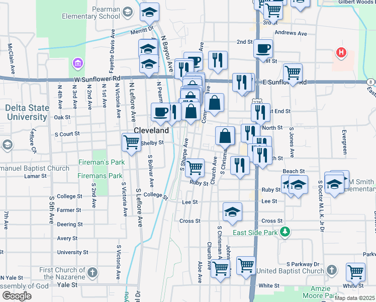 map of restaurants, bars, coffee shops, grocery stores, and more near 301 South Sharpe Avenue in Cleveland