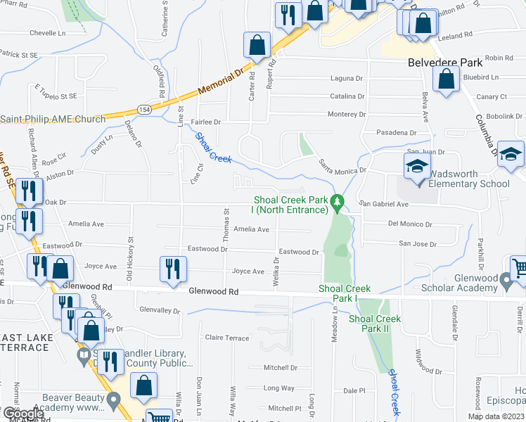 map of restaurants, bars, coffee shops, grocery stores, and more near 2807 White Oak Drive in Decatur