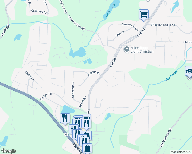 map of restaurants, bars, coffee shops, grocery stores, and more near 8755 Lee Road in Lithia Springs