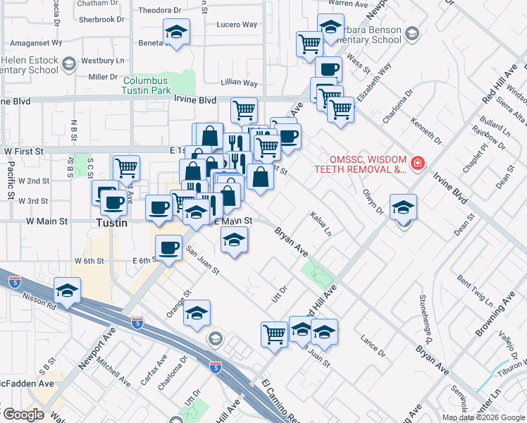 map of restaurants, bars, coffee shops, grocery stores, and more near 1132 Letty Lane in Tustin