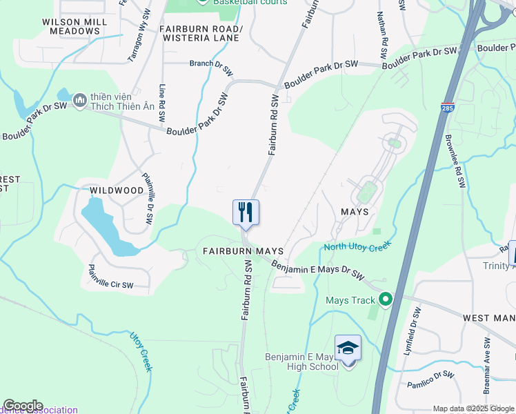 map of restaurants, bars, coffee shops, grocery stores, and more near 88 Fairburn Towne Houses in Atlanta