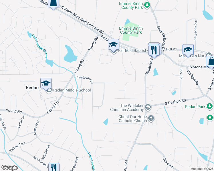 map of restaurants, bars, coffee shops, grocery stores, and more near 5889 Hallwood Court in Lithonia