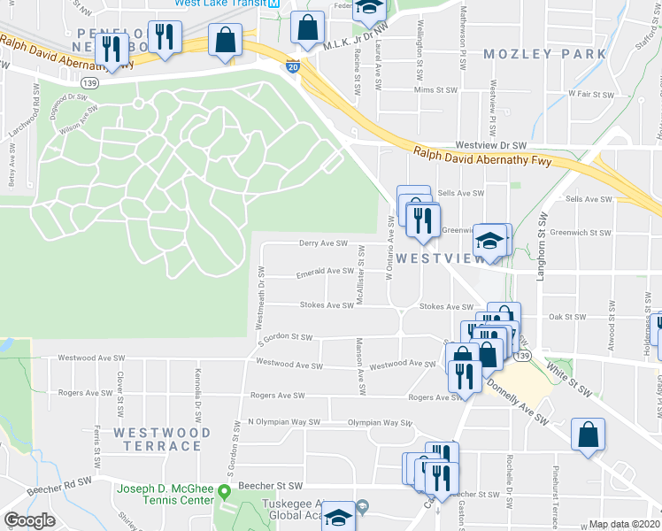 map of restaurants, bars, coffee shops, grocery stores, and more near 1673 Emerald Avenue Southwest in Atlanta