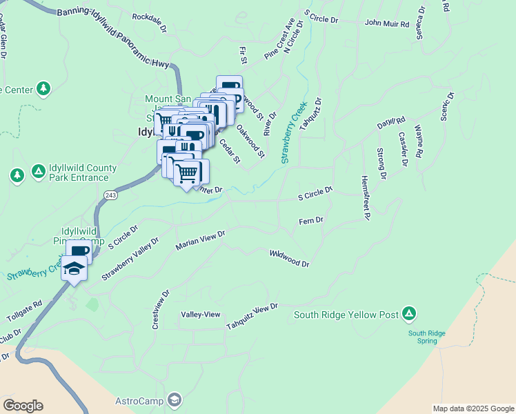 map of restaurants, bars, coffee shops, grocery stores, and more near 54615 South Circle Drive in Idyllwild-Pine Cove