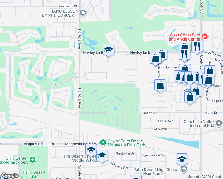 map of restaurants, bars, coffee shops, grocery stores, and more near 74276 Zircon Circle East in Palm Desert