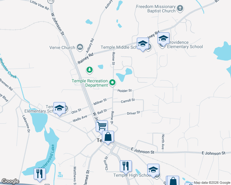 map of restaurants, bars, coffee shops, grocery stores, and more near 35 Holder Street in Temple