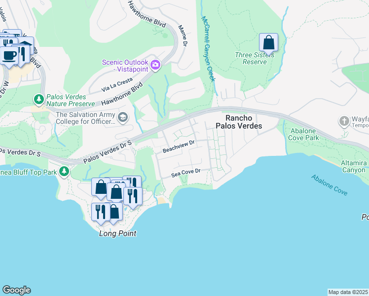 map of restaurants, bars, coffee shops, grocery stores, and more near 6419 Vista Pacifica in Rancho Palos Verdes