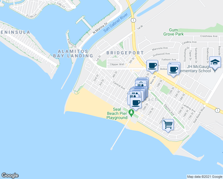 map of restaurants, bars, coffee shops, grocery stores, and more near 125 5th Street in Seal Beach