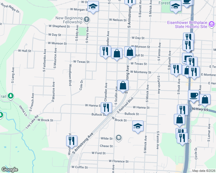 map of restaurants, bars, coffee shops, grocery stores, and more near 915 West Murray Street in Denison