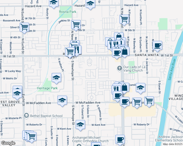 map of restaurants, bars, coffee shops, grocery stores, and more near 313 Brewster Common in Santa Ana