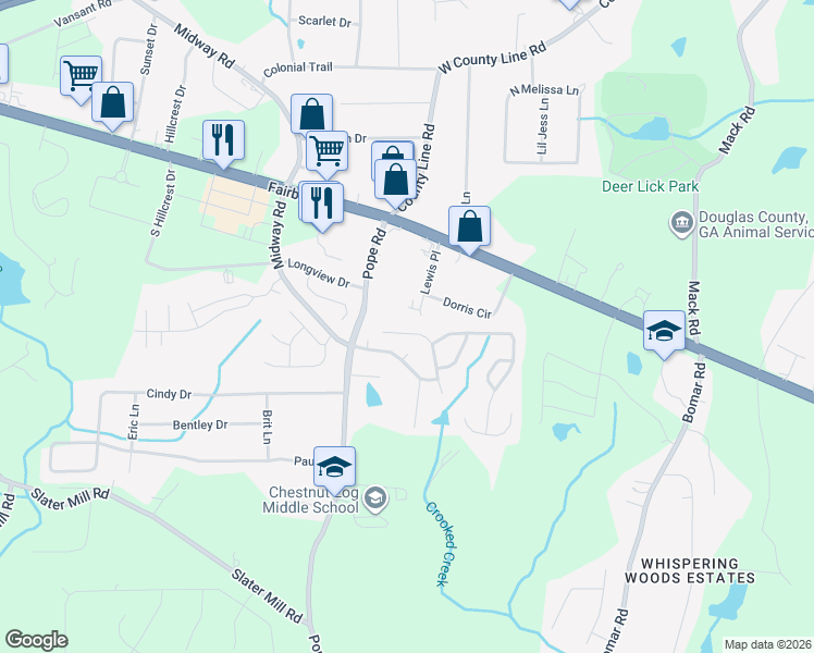 map of restaurants, bars, coffee shops, grocery stores, and more near 2196 Greenwood Meadows Lane in Douglasville