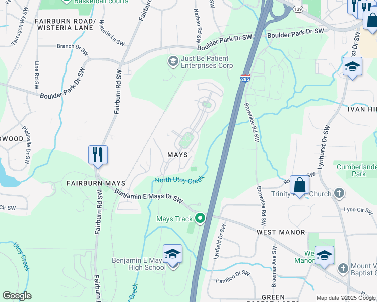 map of restaurants, bars, coffee shops, grocery stores, and more near 589 Morrow Lane in Atlanta