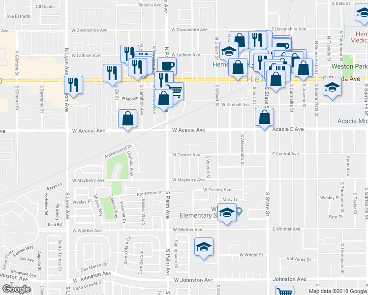 map of restaurants, bars, coffee shops, grocery stores, and more near 745 Marquesa Court in Hemet