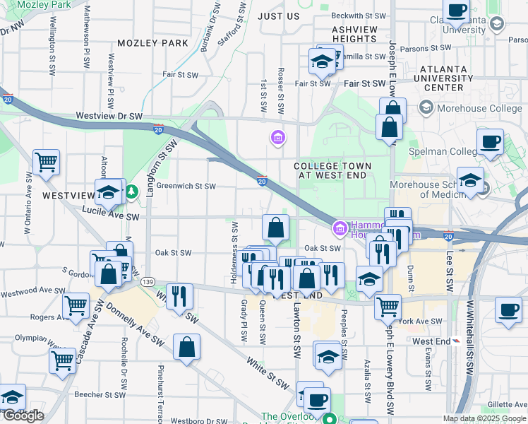 map of restaurants, bars, coffee shops, grocery stores, and more near 1165 Lucile Avenue Southwest in Atlanta