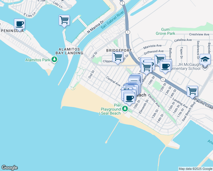 map of restaurants, bars, coffee shops, grocery stores, and more near 125 5th Street in Seal Beach