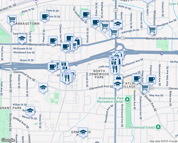map of restaurants, bars, coffee shops, grocery stores, and more near 1023 Faith Avenue Southeast in Atlanta