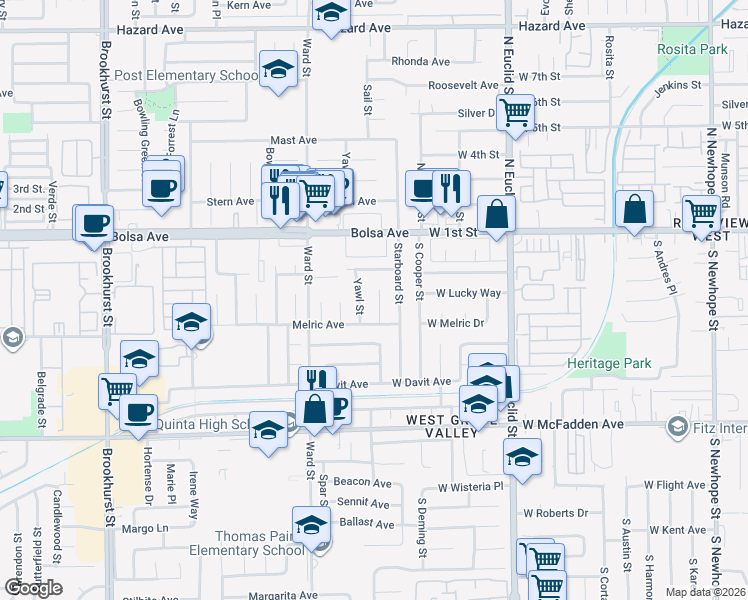 map of restaurants, bars, coffee shops, grocery stores, and more near 15161 Sail Street in Garden Grove