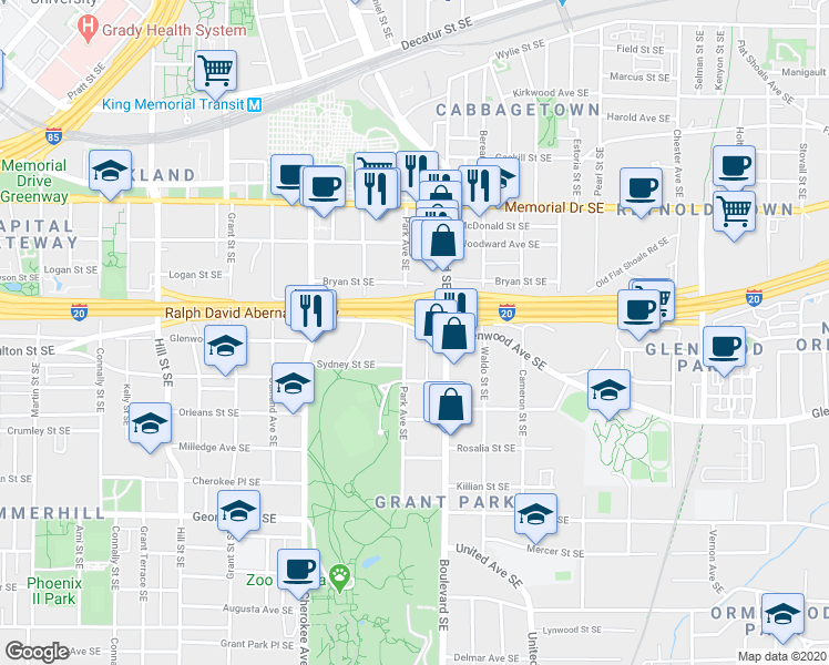 map of restaurants, bars, coffee shops, grocery stores, and more near 438 Park Avenue Southeast in Atlanta