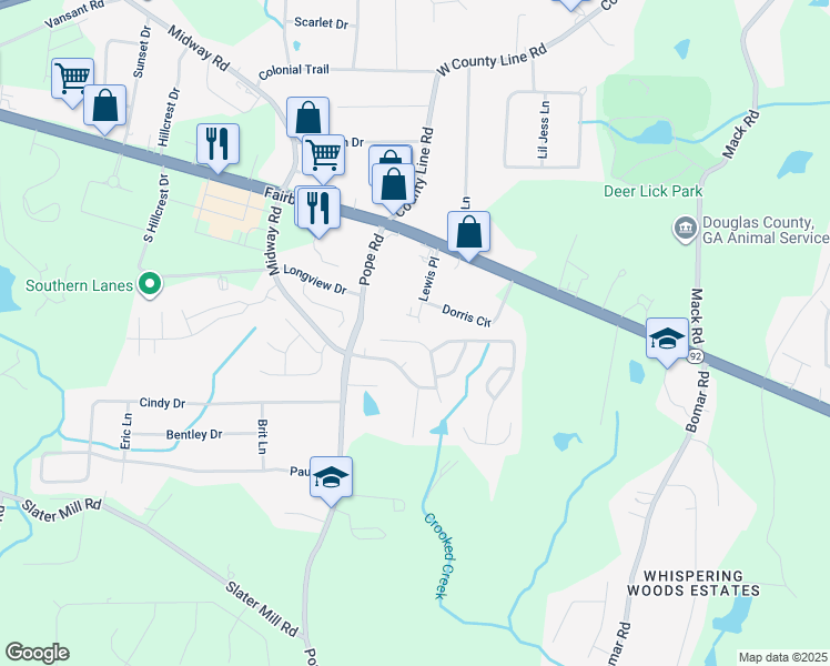 map of restaurants, bars, coffee shops, grocery stores, and more near 2226 Greenwood Meadows Lane in Douglasville