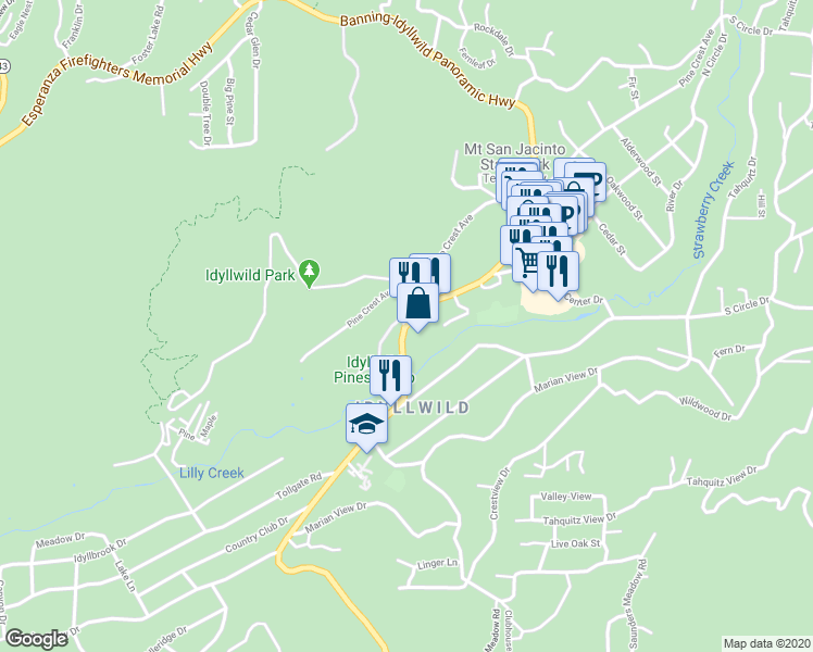 map of restaurants, bars, coffee shops, grocery stores, and more near 26363 Idyllwild Pines Camp Road in Idyllwild-Pine Cove