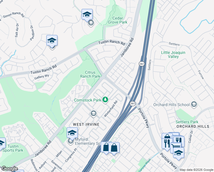 map of restaurants, bars, coffee shops, grocery stores, and more near 83 Linhaven in Irvine