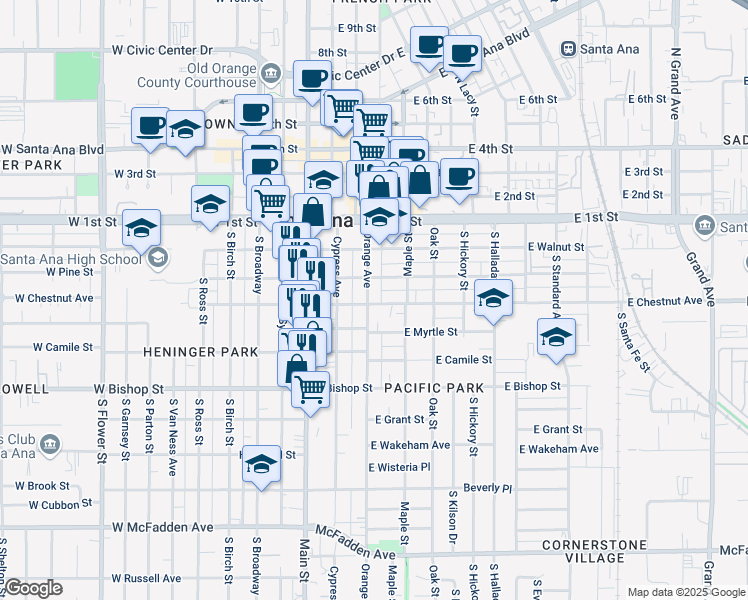 map of restaurants, bars, coffee shops, grocery stores, and more near 221 East Chestnut Avenue in Santa Ana