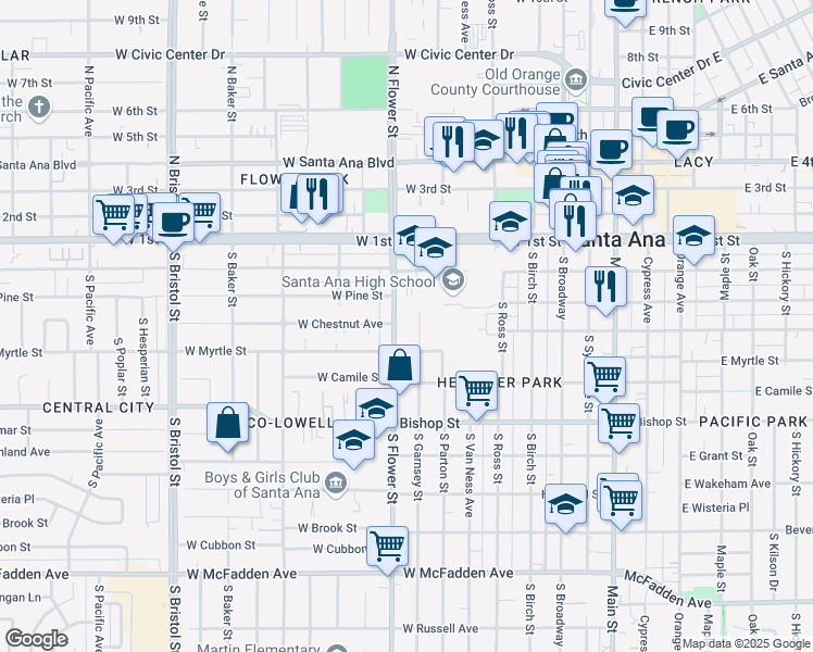 map of restaurants, bars, coffee shops, grocery stores, and more near 325 South Flower Street in Santa Ana