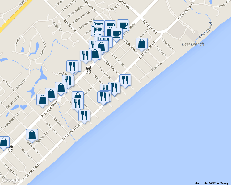 map of restaurants, bars, coffee shops, grocery stores, and more near 208 74th Avenue North in Myrtle Beach