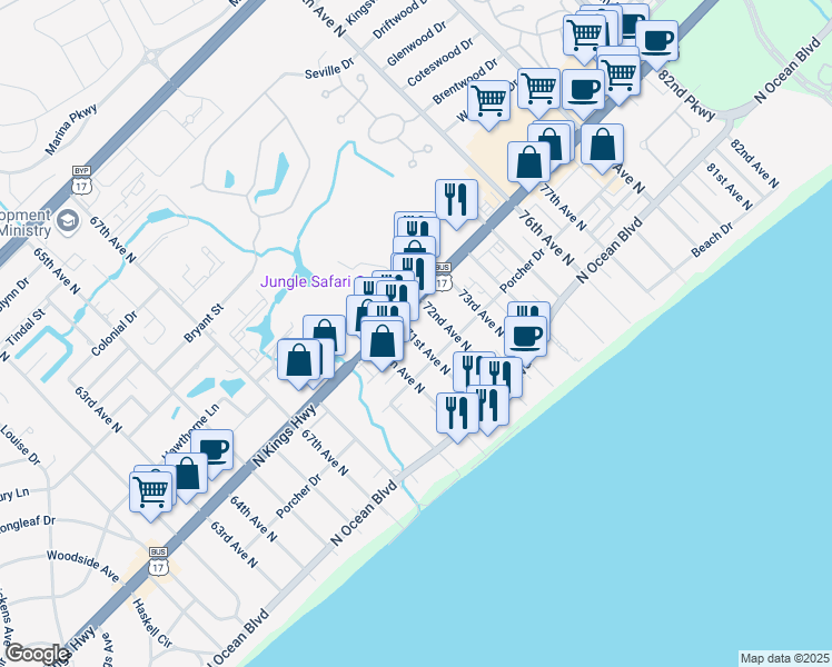 map of restaurants, bars, coffee shops, grocery stores, and more near 712 Saw Grass Villas in Myrtle Beach