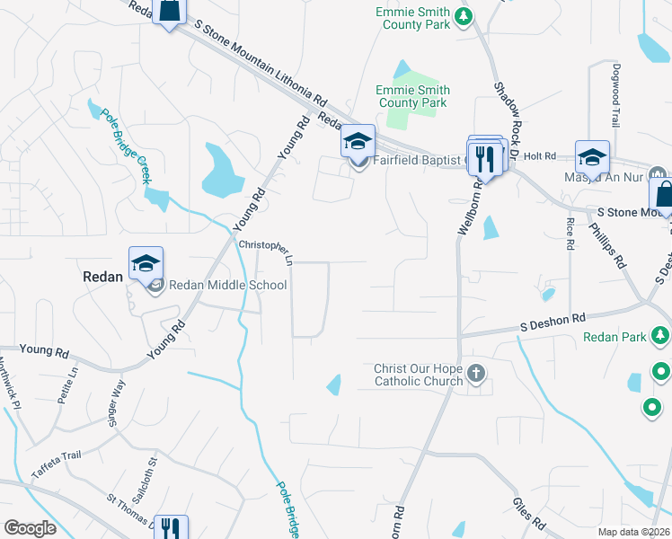 map of restaurants, bars, coffee shops, grocery stores, and more near 5889 Hallwood Court in Lithonia