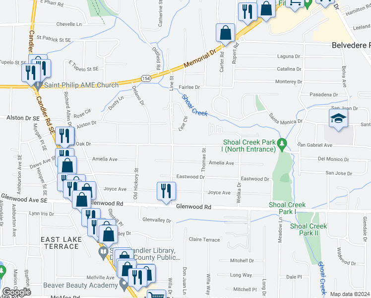map of restaurants, bars, coffee shops, grocery stores, and more near 2721 White Oak Drive in Decatur