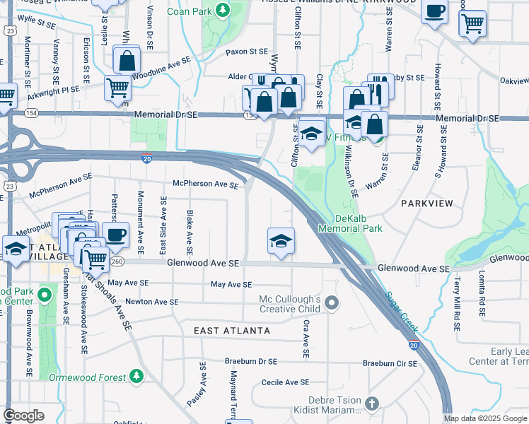 map of restaurants, bars, coffee shops, grocery stores, and more near 411 Greencove Lane Southeast in Atlanta