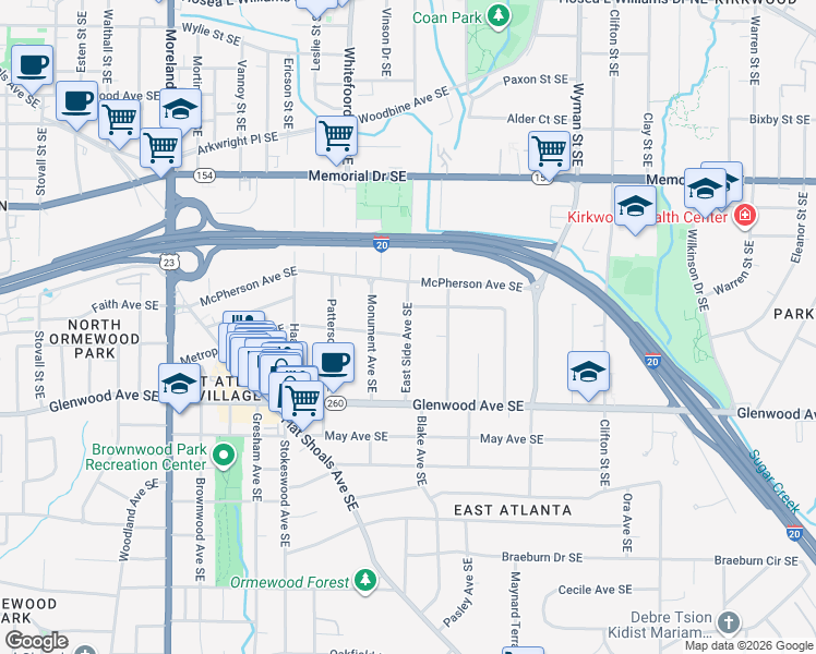map of restaurants, bars, coffee shops, grocery stores, and more near 1438 Metropolitan Avenue Southeast in Atlanta